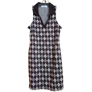 Steve Madden NYC Sleeveless Collared, Brown/Tan Argyle BodyCon Dress, Sz. Small